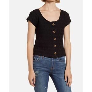 Madewell Womens Knit Pointelle Button-Front Scoop Tee Size Medium Black